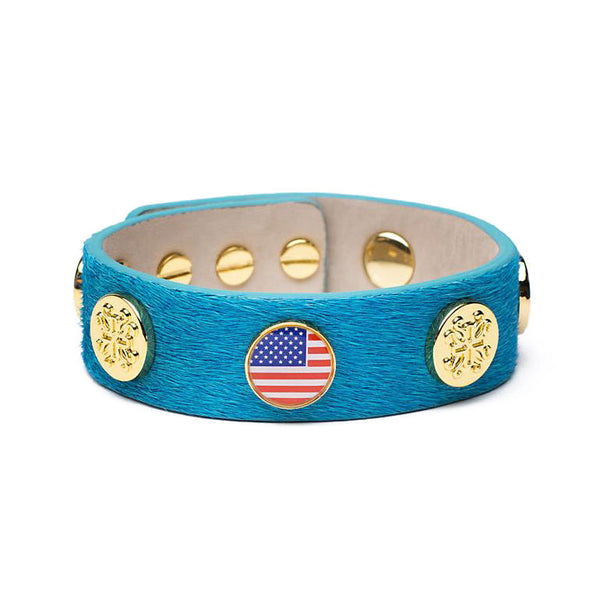 Meagen Wide Calfskin Patriotic - Turquoise with Gold