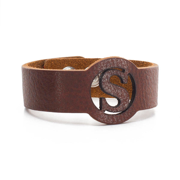 Leather Snap Cuff .75 - Circle Initial Cut Out - Brown