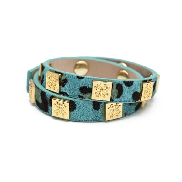 Meagen Calfskin Turquoise Leopard Double Wrap with Gold